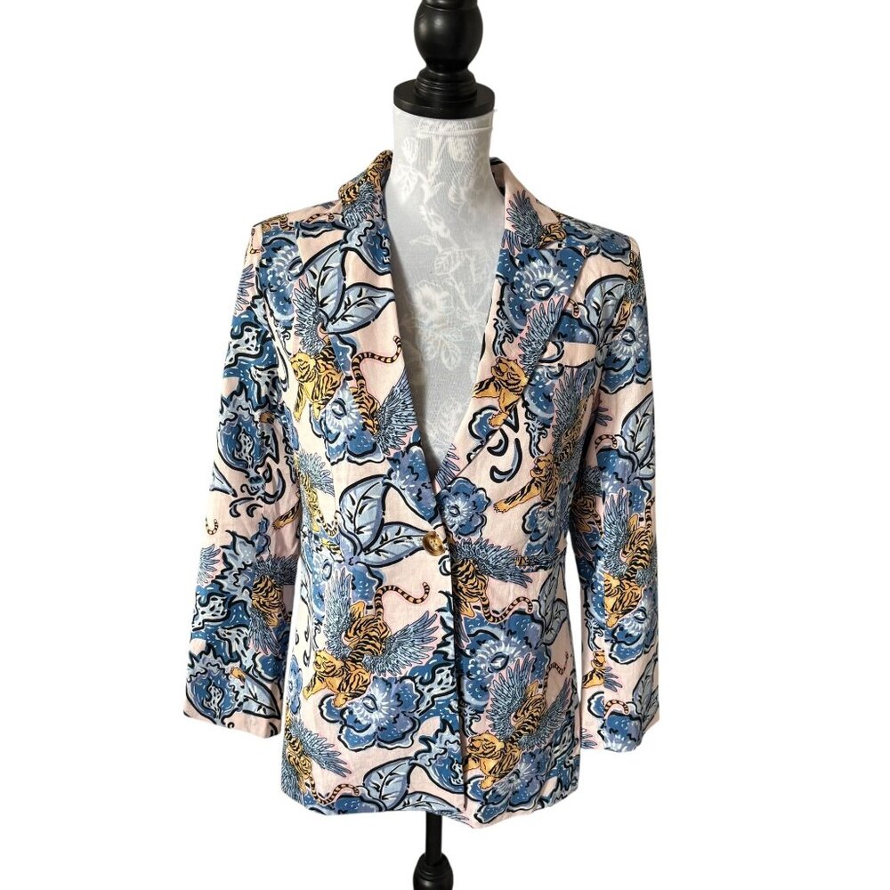 Las Surenas Womens Tiger Print Blazer Linen Cotton Xsmall Blue Pink